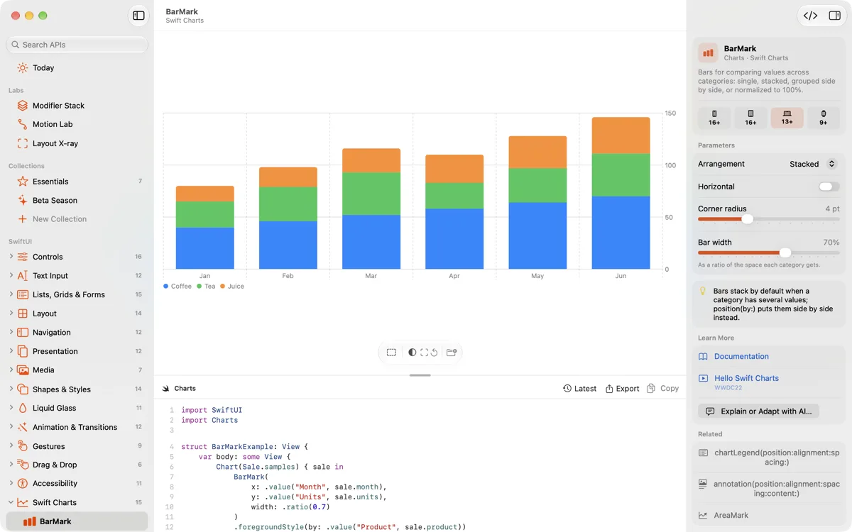 A Swift Charts BarMark demo with stacked bars on the Mac, with its parameters in the inspector and its code below