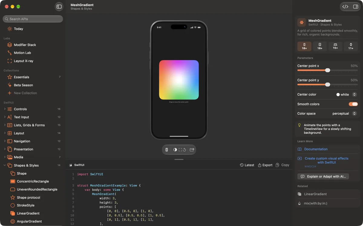 A MeshGradient demo in an iPhone frame, in dark appearance, with its parameters and code