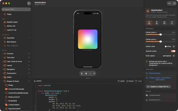 A MeshGradient demo in an iPhone frame, in dark appearance