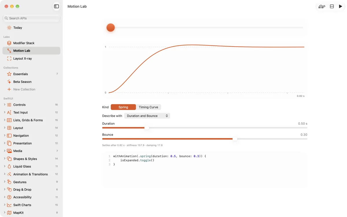 The Motion Lab on the Mac: a spring's curve on a live graph, with its parameters