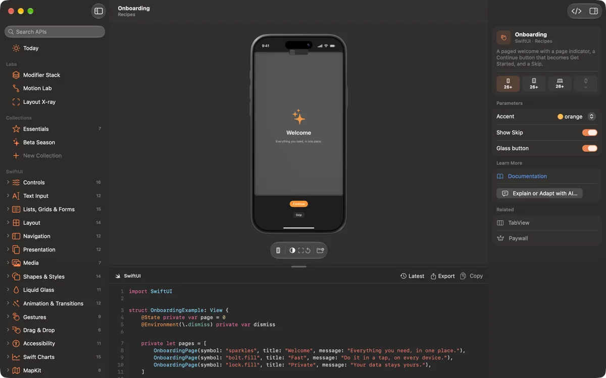The Onboarding recipe in an iPhone frame, in dark appearance, on the Mac