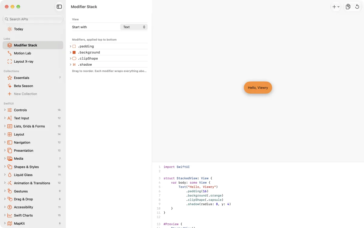 The Modifier Stack lab on the Mac: a stack of modifiers beside the result and its code