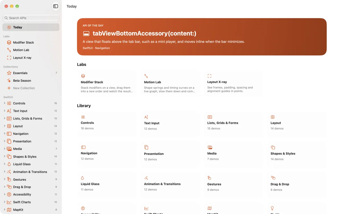 Viewry's Today screen on the Mac, with the API of the Day