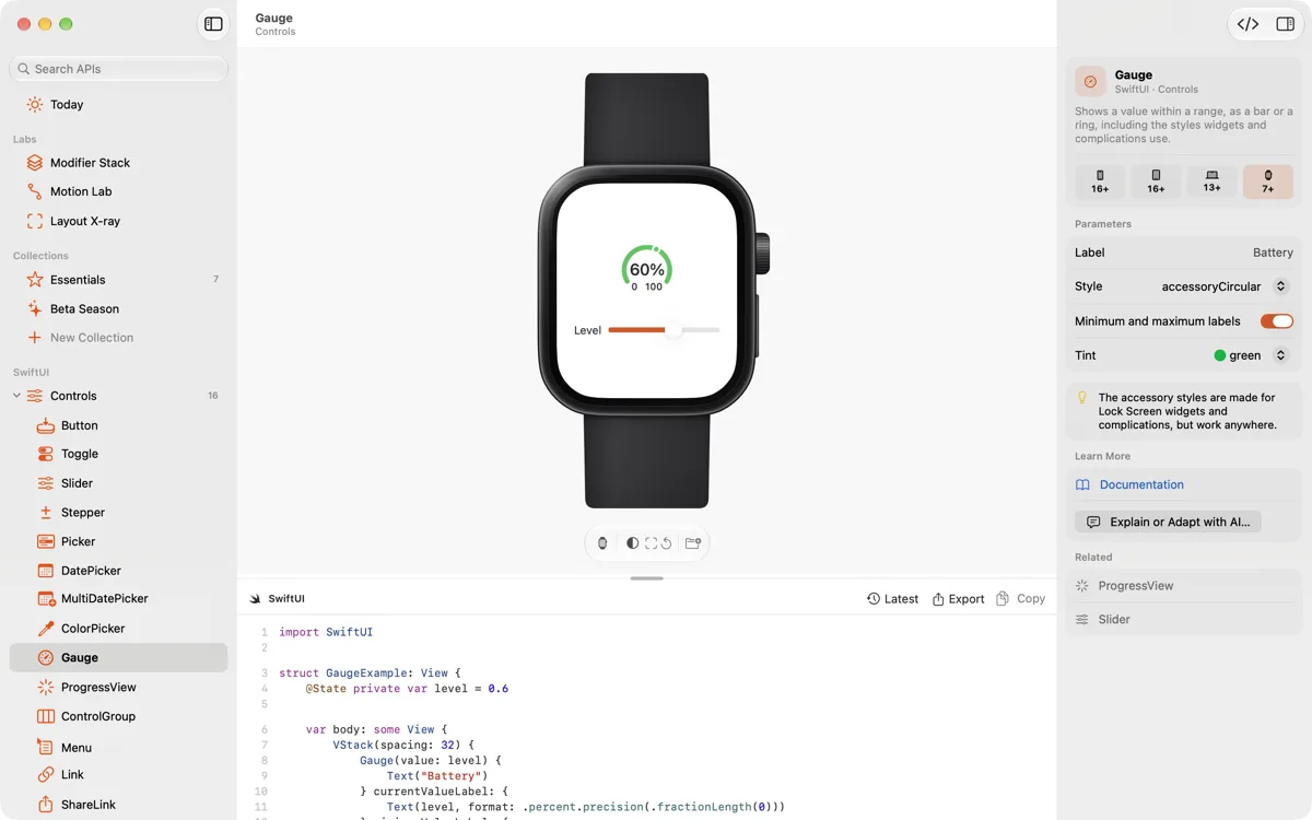 A Gauge demo in an Apple Watch 46 mm frame