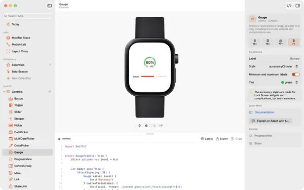 A Gauge demo in an Apple Watch 46 mm frame