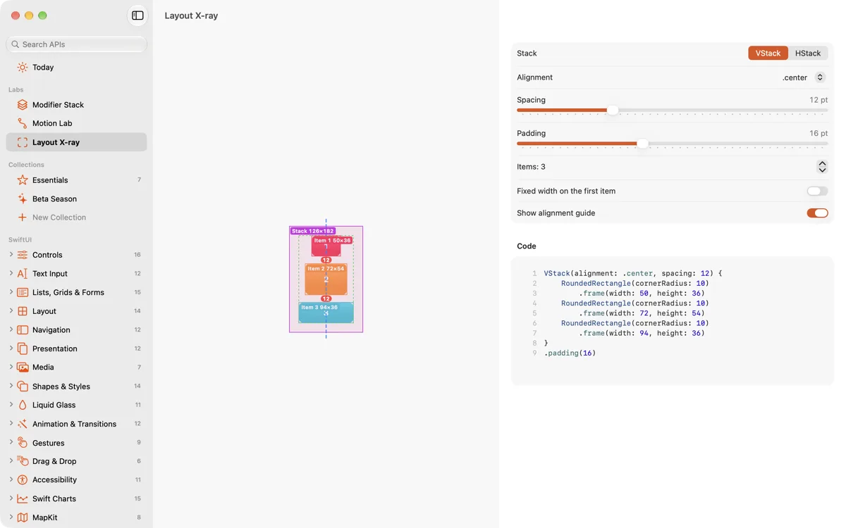 Layout X-ray over a demo on the Mac, with frames and spacing measured in points